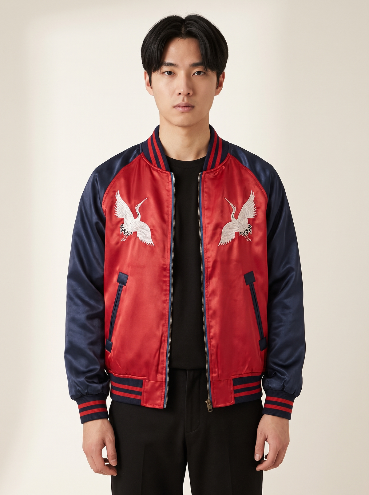 Oversized Satin Sukajan Jacket in Black, front view on model