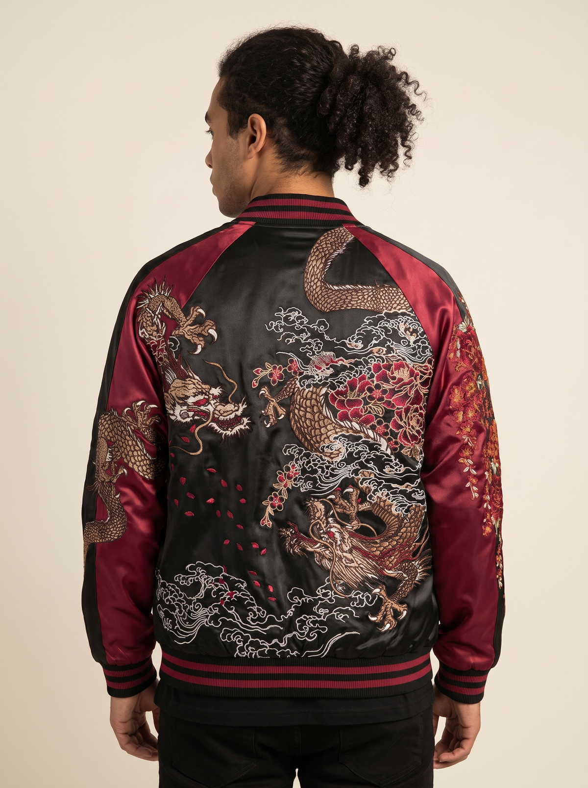 Yokosuka Dragon Sukajan Jacket in Red, back view on model