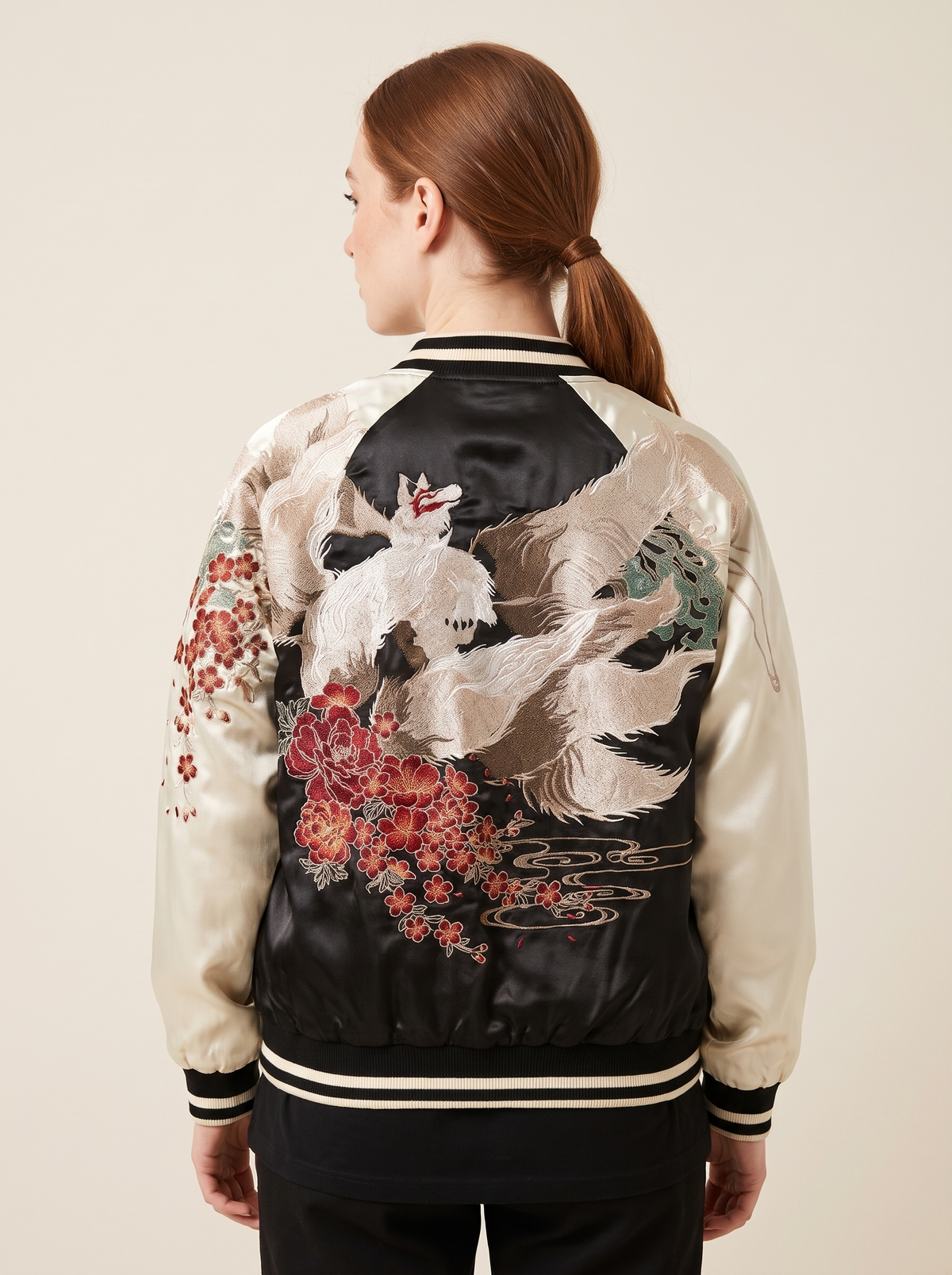 Kitsune & Peony Sukajan Jacket in Cream, back view on model