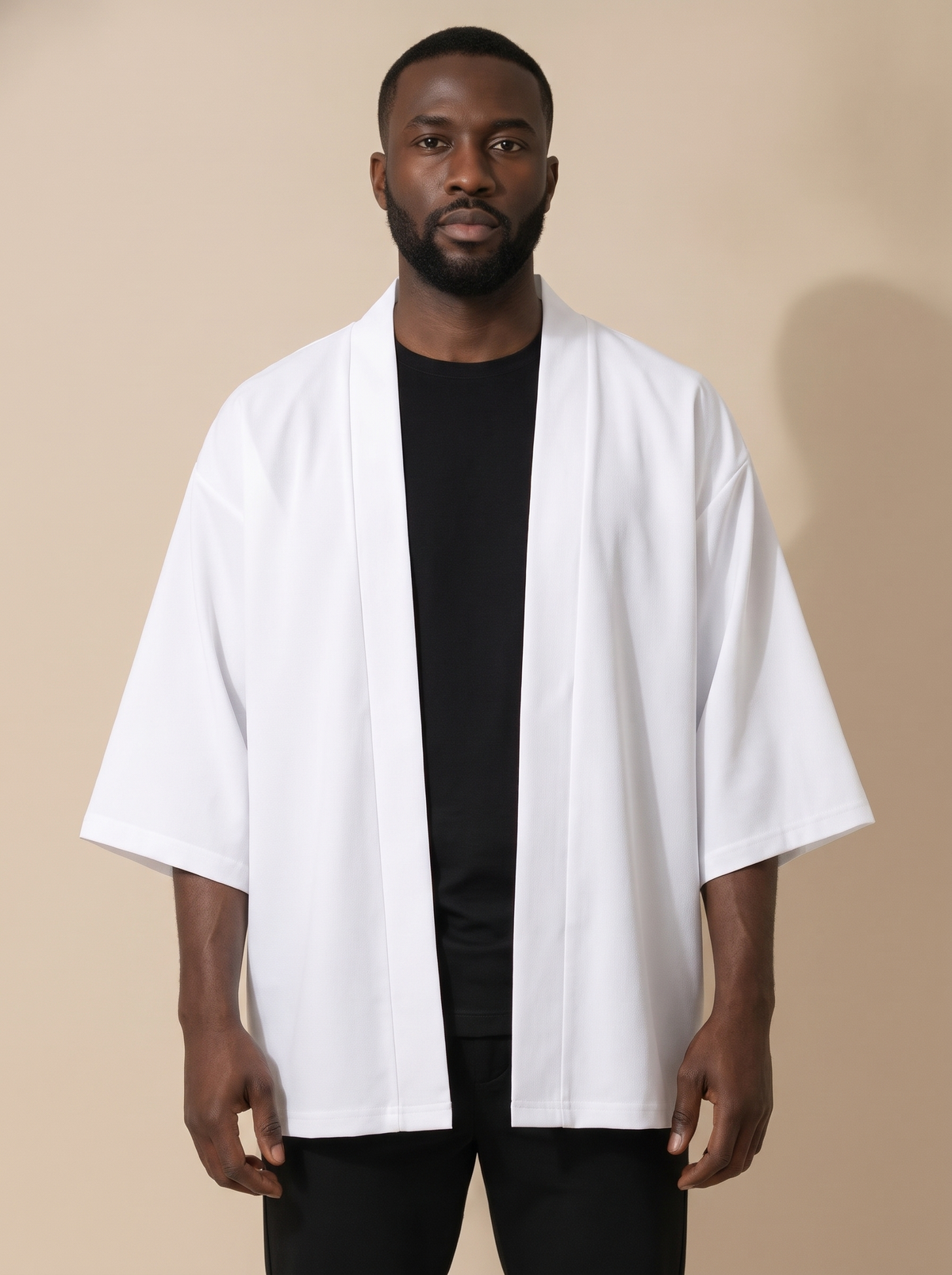 Solid Color Haori Kimono Cardigan in White, on model