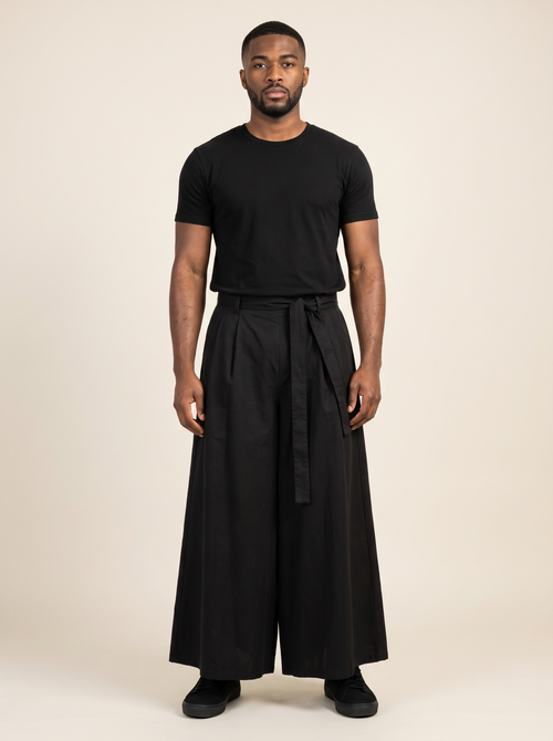 Cotton Hakama Samurai Wide Pants, front view on model