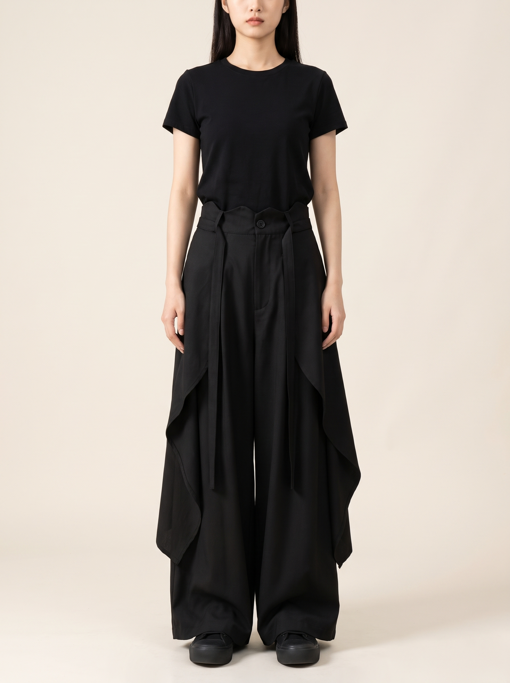 Layered Hakama Skirt Pants in Black, front view on model