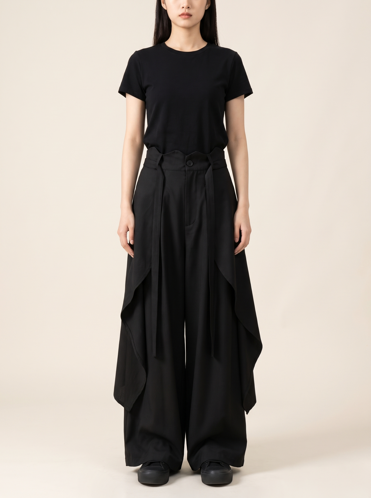 Layered Hakama Skirt Pants in Black, front view on model