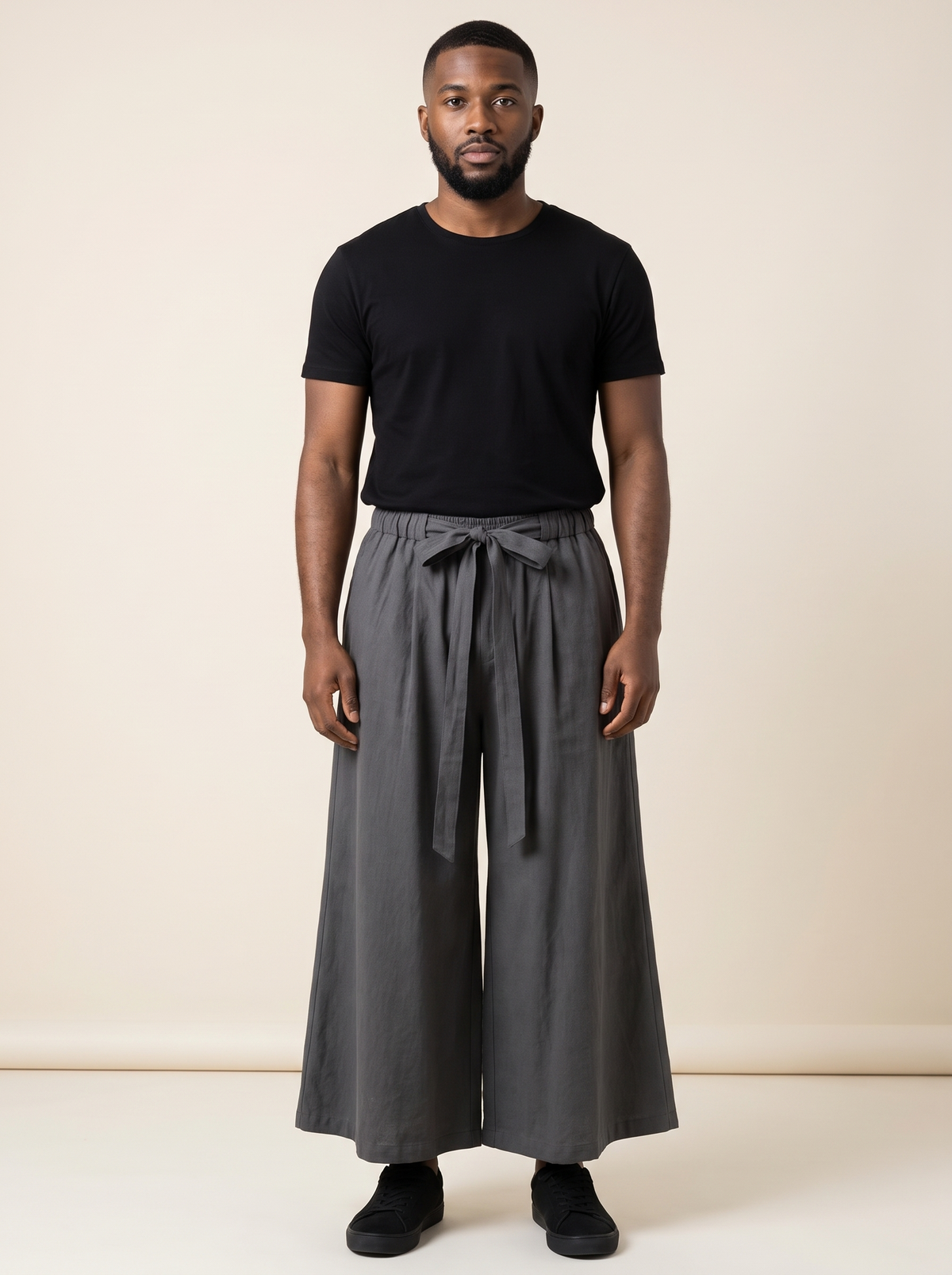 Wide-Leg Linen Hakama Pants in Grey, on model