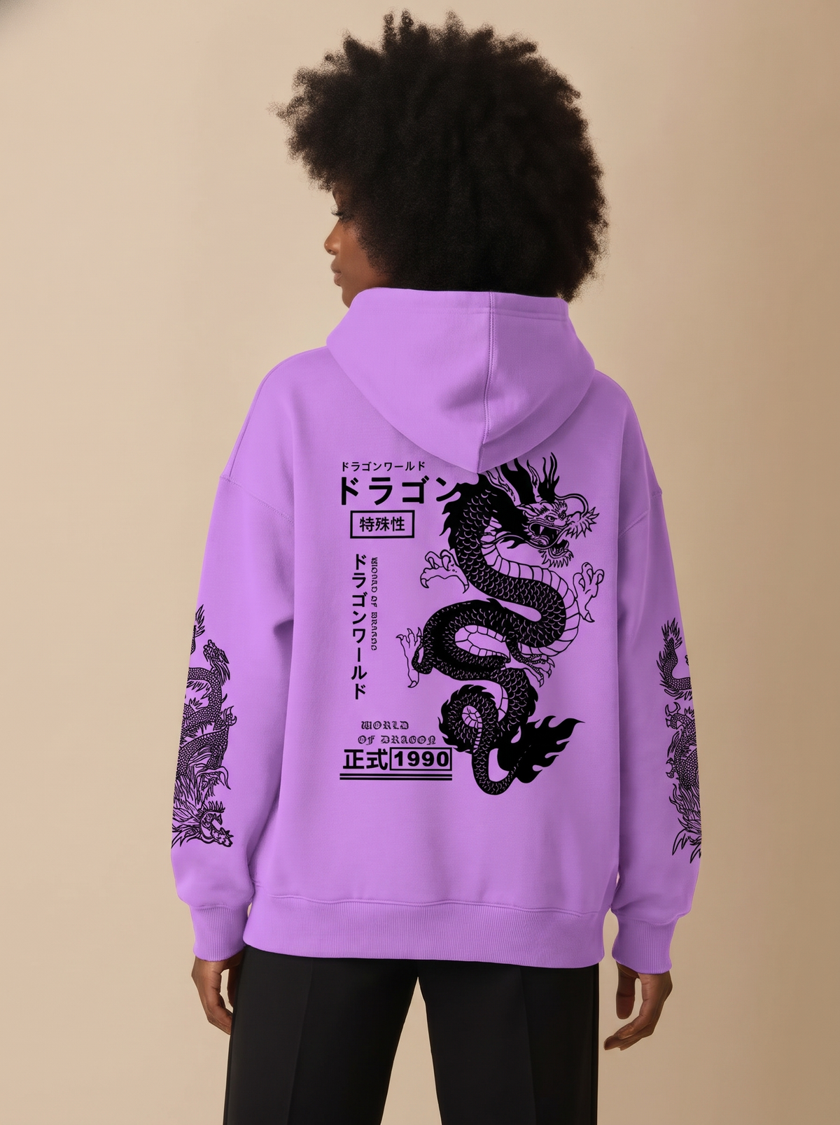 Dragon Print Japanese Hoodie in Purple, on model