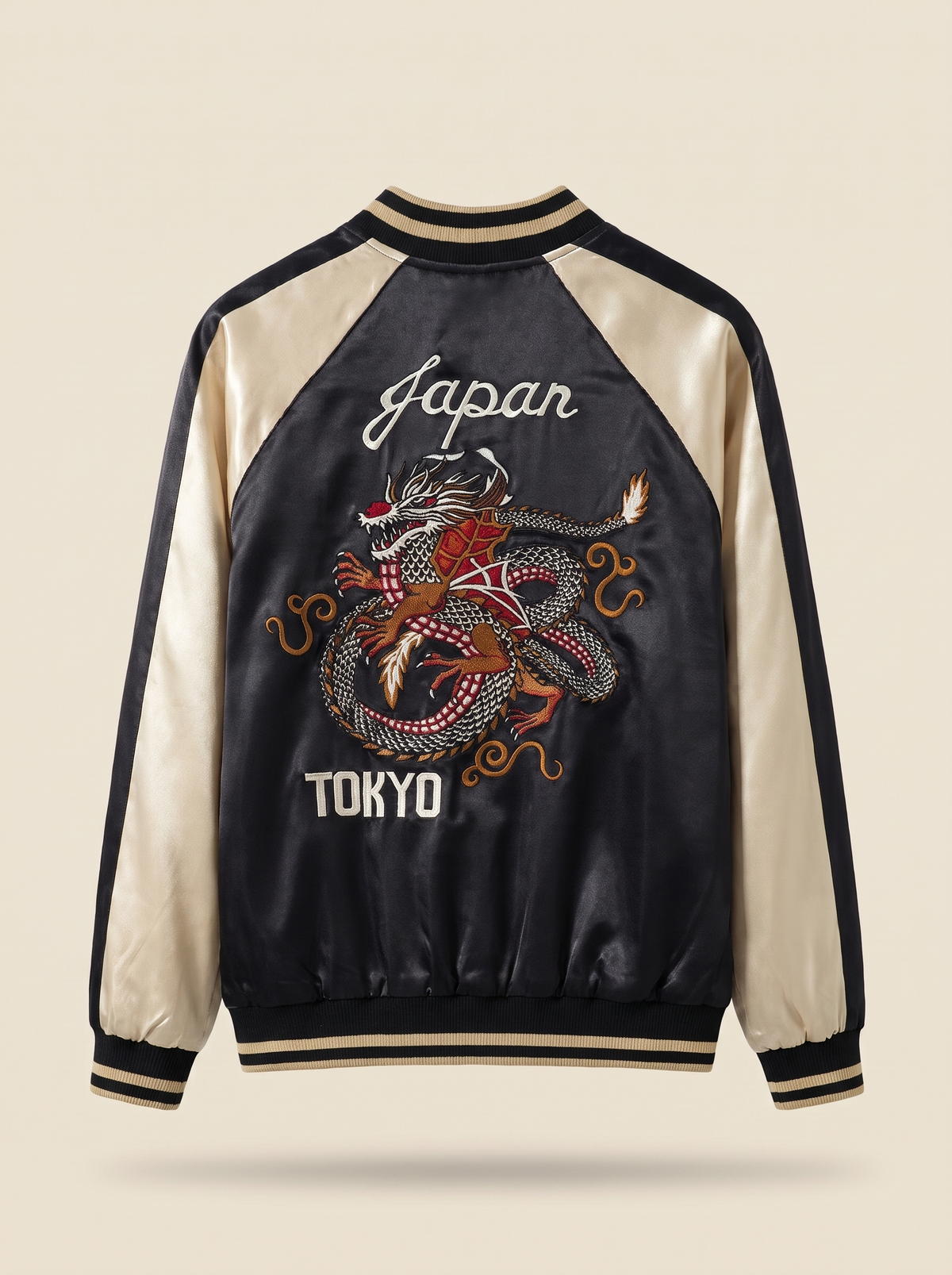 Tokyo Dragon Embroidered Souvenir Jacket in Cream, product photo of the back
