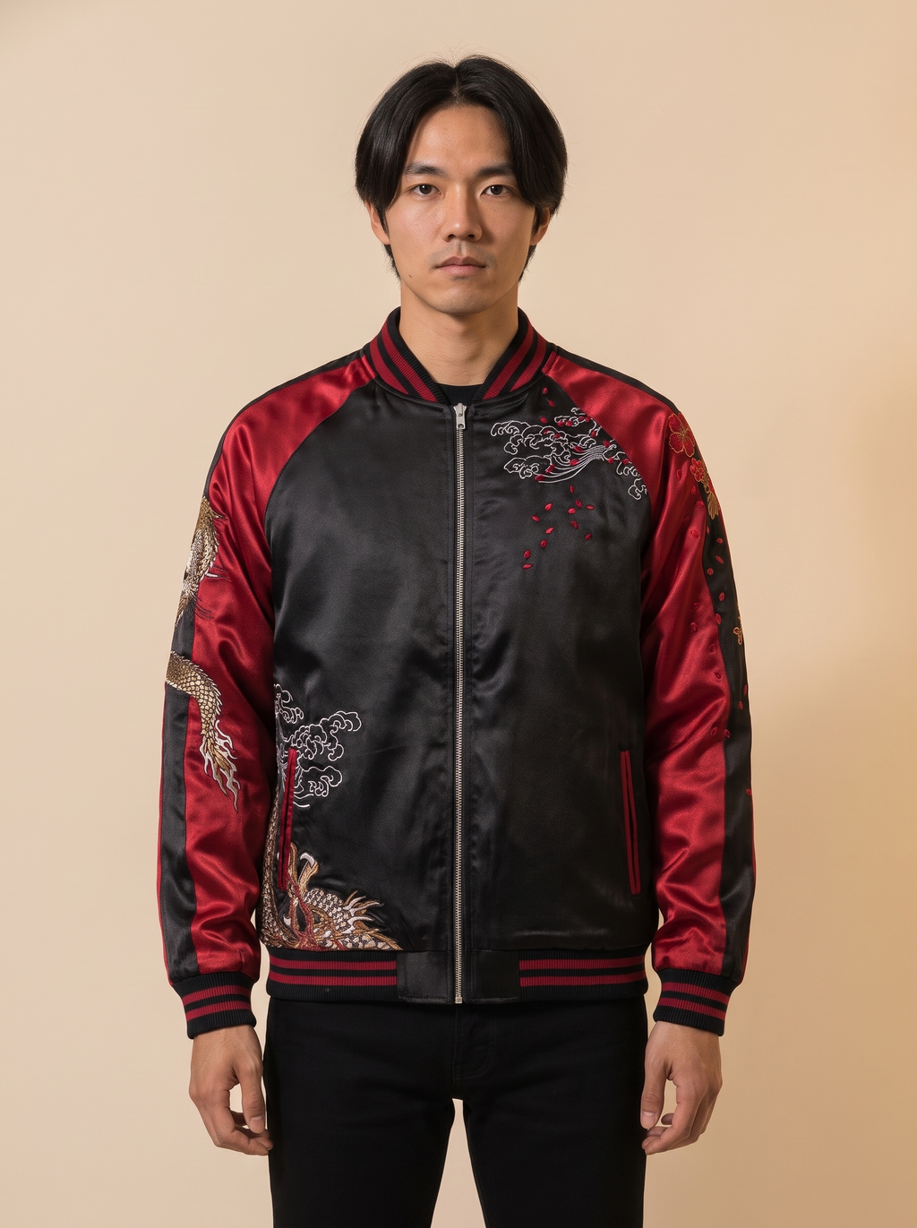 Reversible Yokosuka Dragon Jacket in Red, front view on model