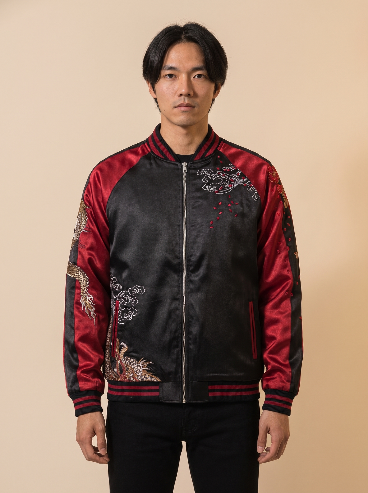 Reversible Yokosuka Dragon Jacket in Red, front view on model