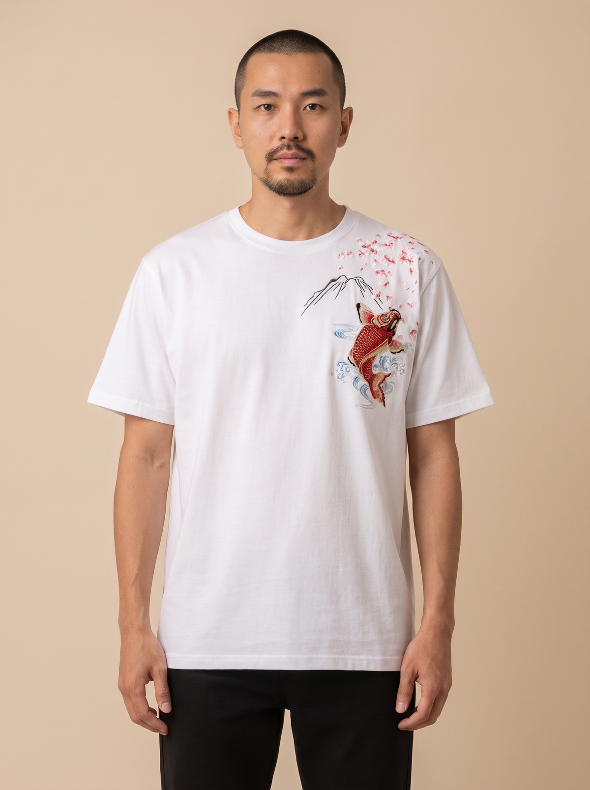 Embroidered Koi Fish T-Shirt in White, on model