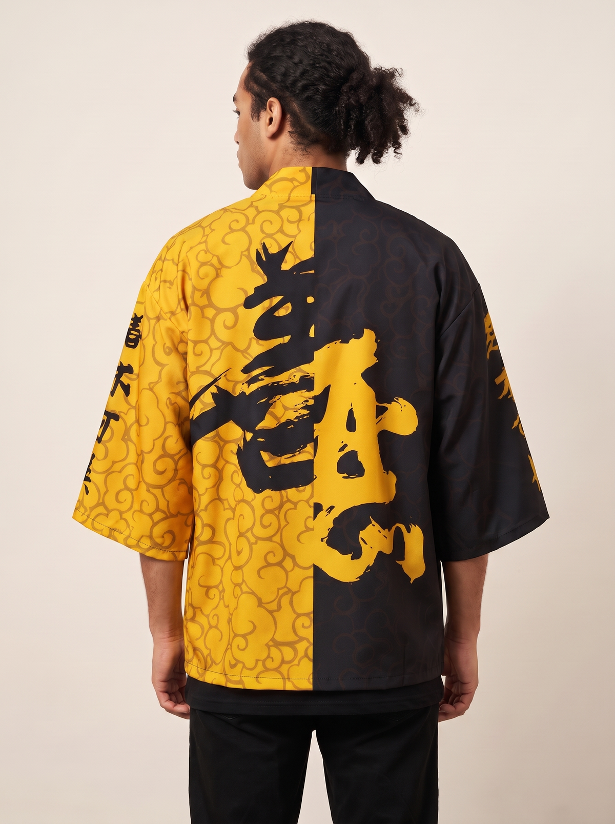 Harajuku Haori Kimono Shirt in Yellow & Black, on model