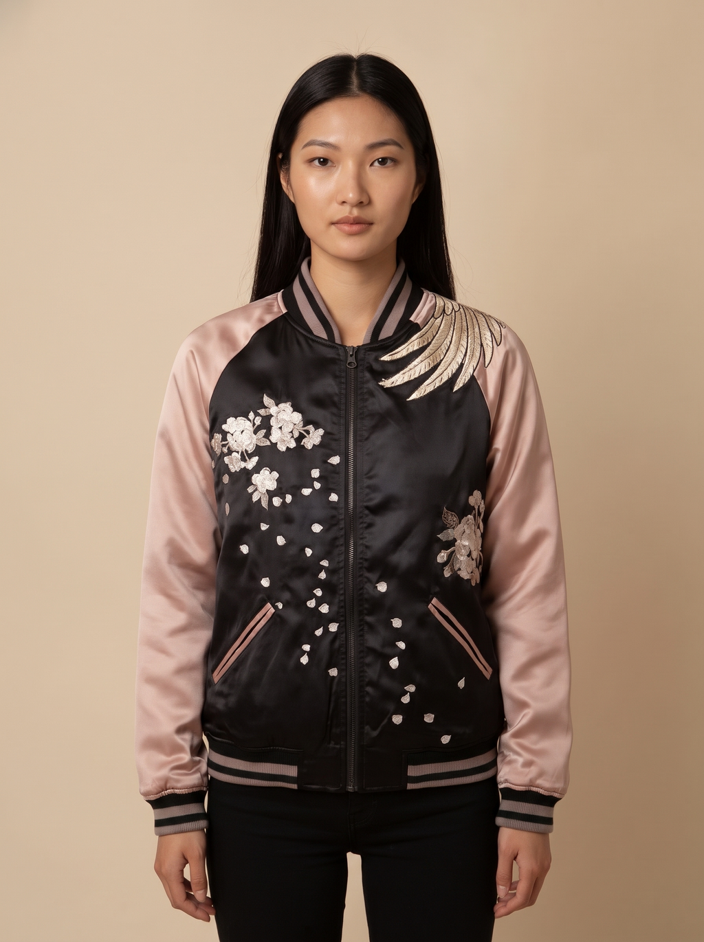 Sakura Phoenix Sukajan Jacket in Champagne, front view on model