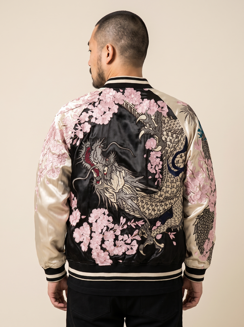 Cherry Blossom & Dragon Sukajan Jacket, back view on model