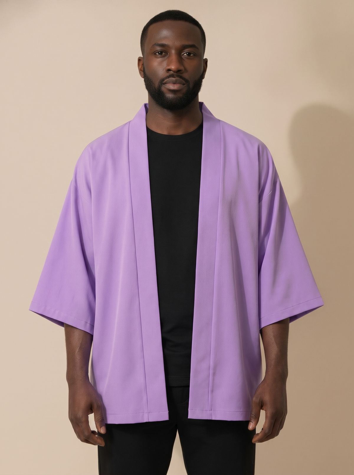 Solid Color Haori Kimono Cardigan in Purple, on model