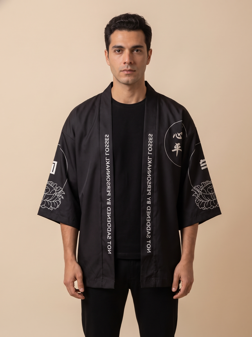 Buddha Mind Print Haori Kimono Cardigan, front view on model