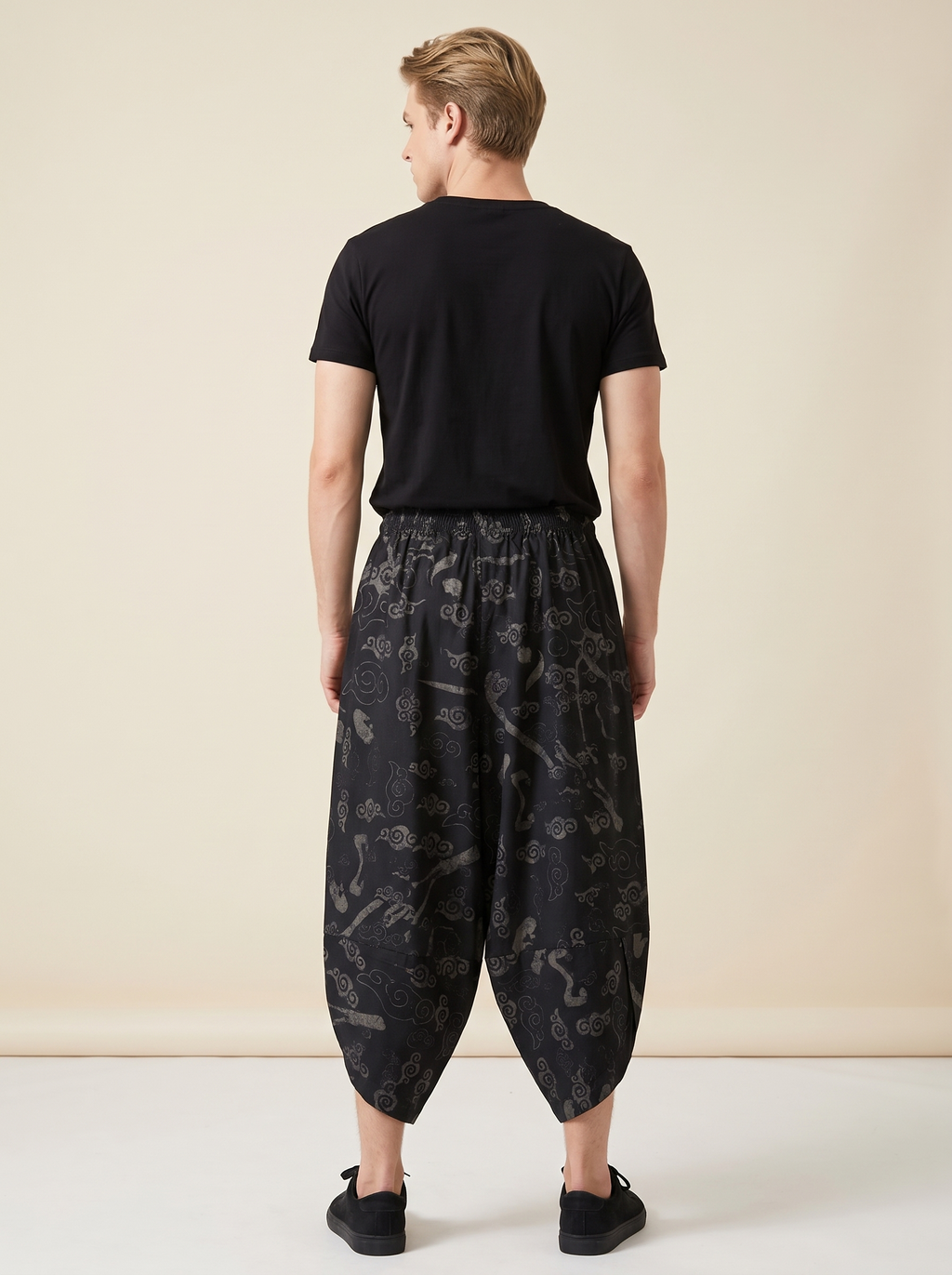 Cherry Blossom Kimono Harem Pants, back view on model