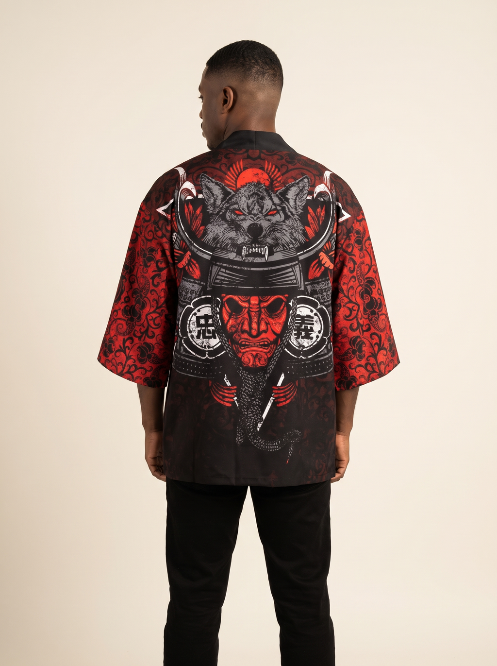 Samurai Print Black Haori Kimono, back view on model