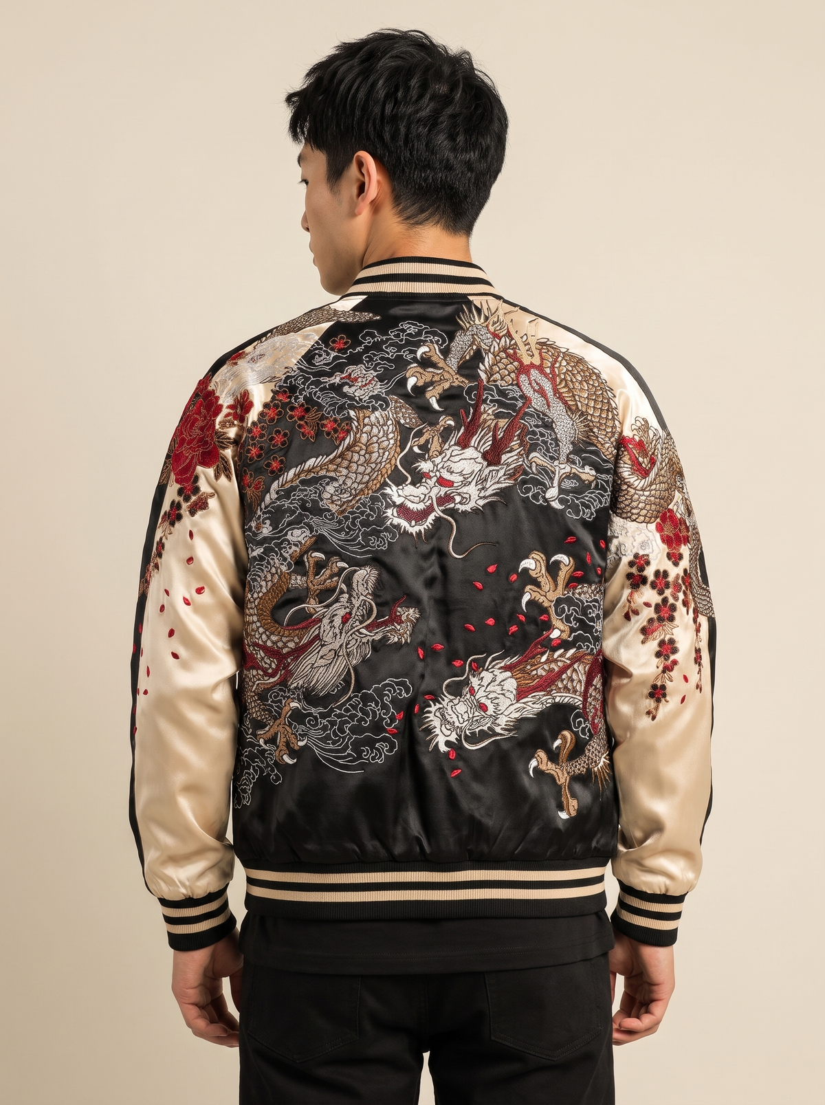 Reversible Yokosuka Dragon Jacket in Beige, back view on model