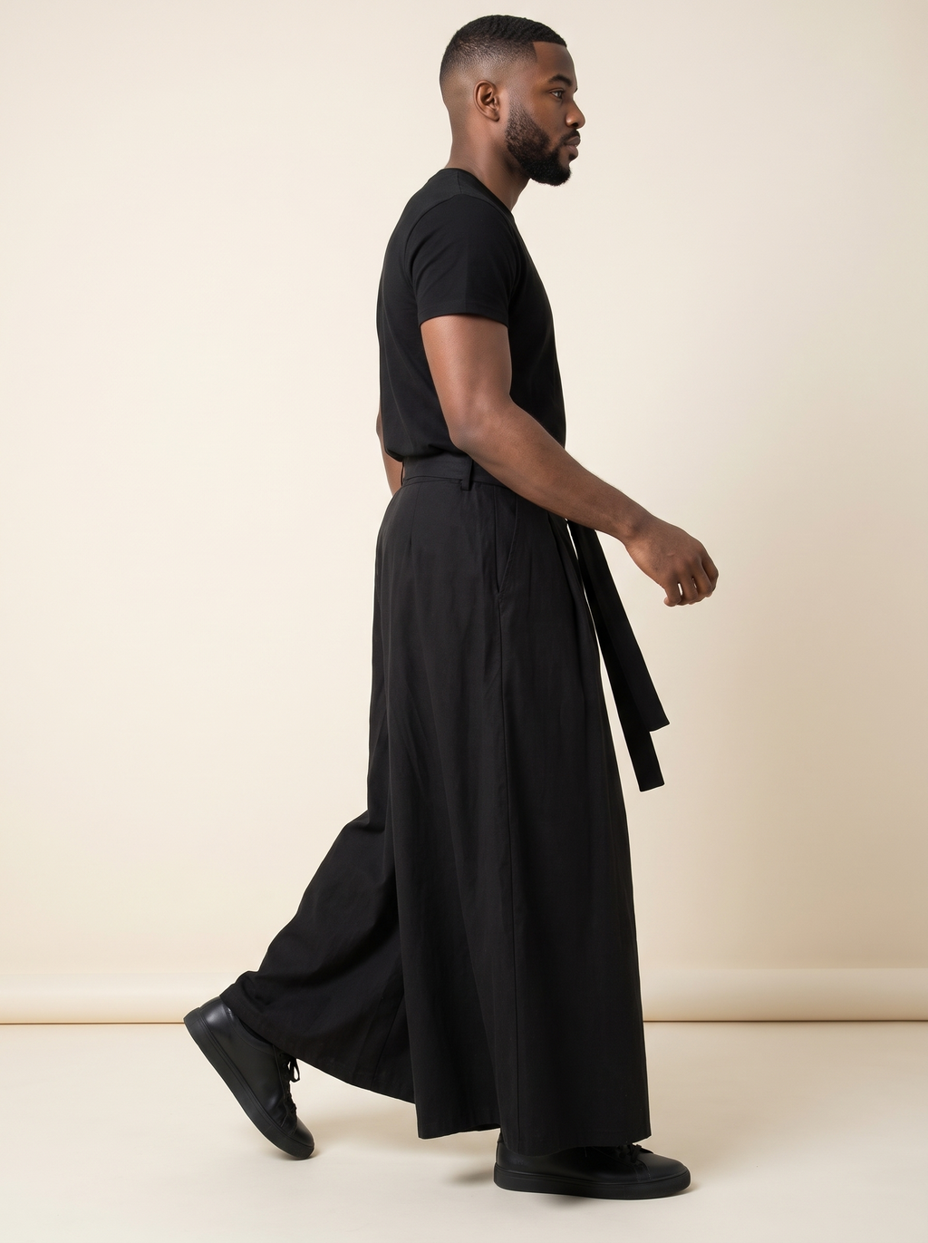 Cotton Hakama Samurai Wide Pants, side view on model