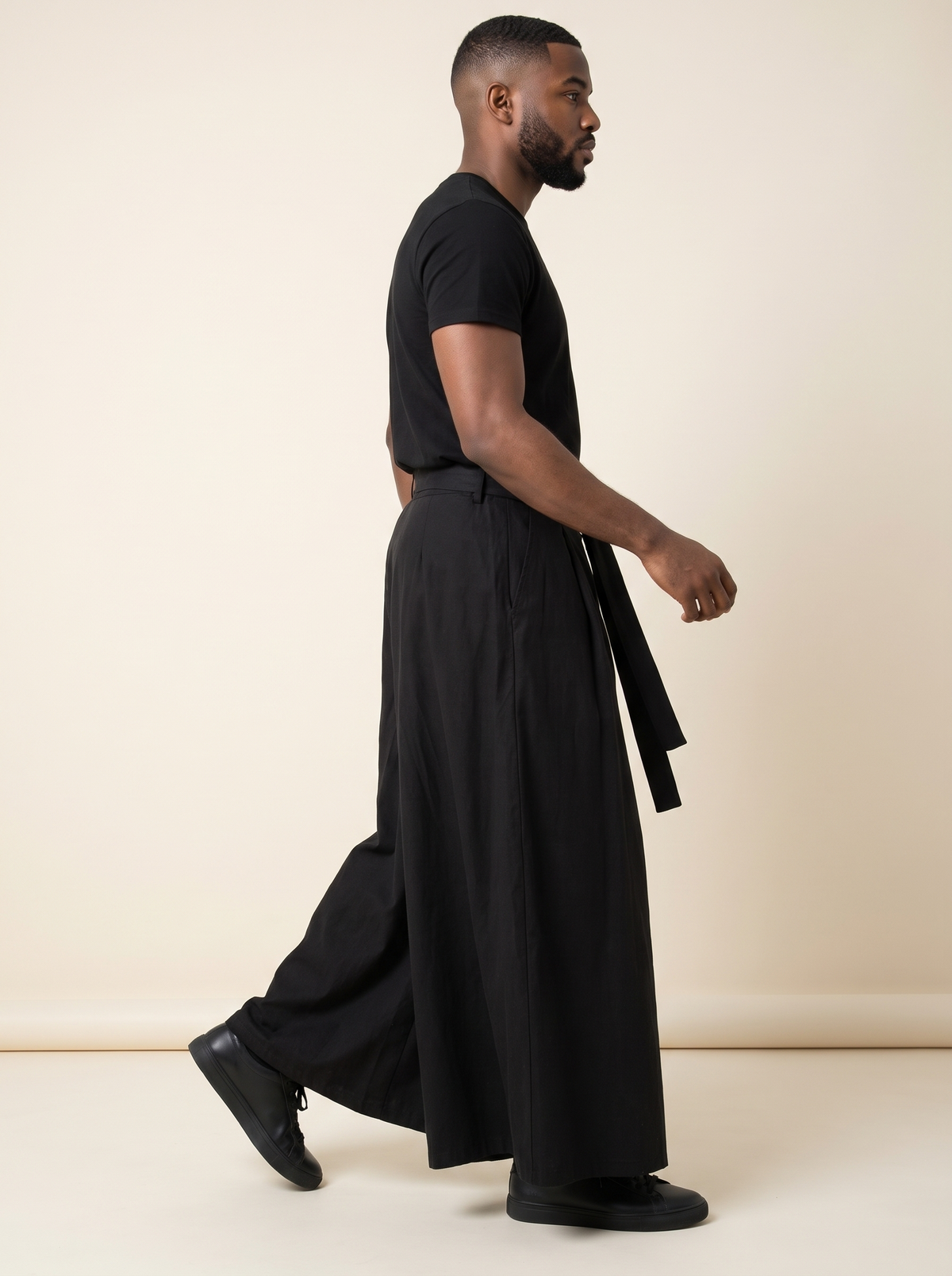 Cotton Hakama Samurai Wide Pants, side view on model