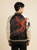 Tiger & Dragon Satin Sukajan with Cream Sleeves, back view on model