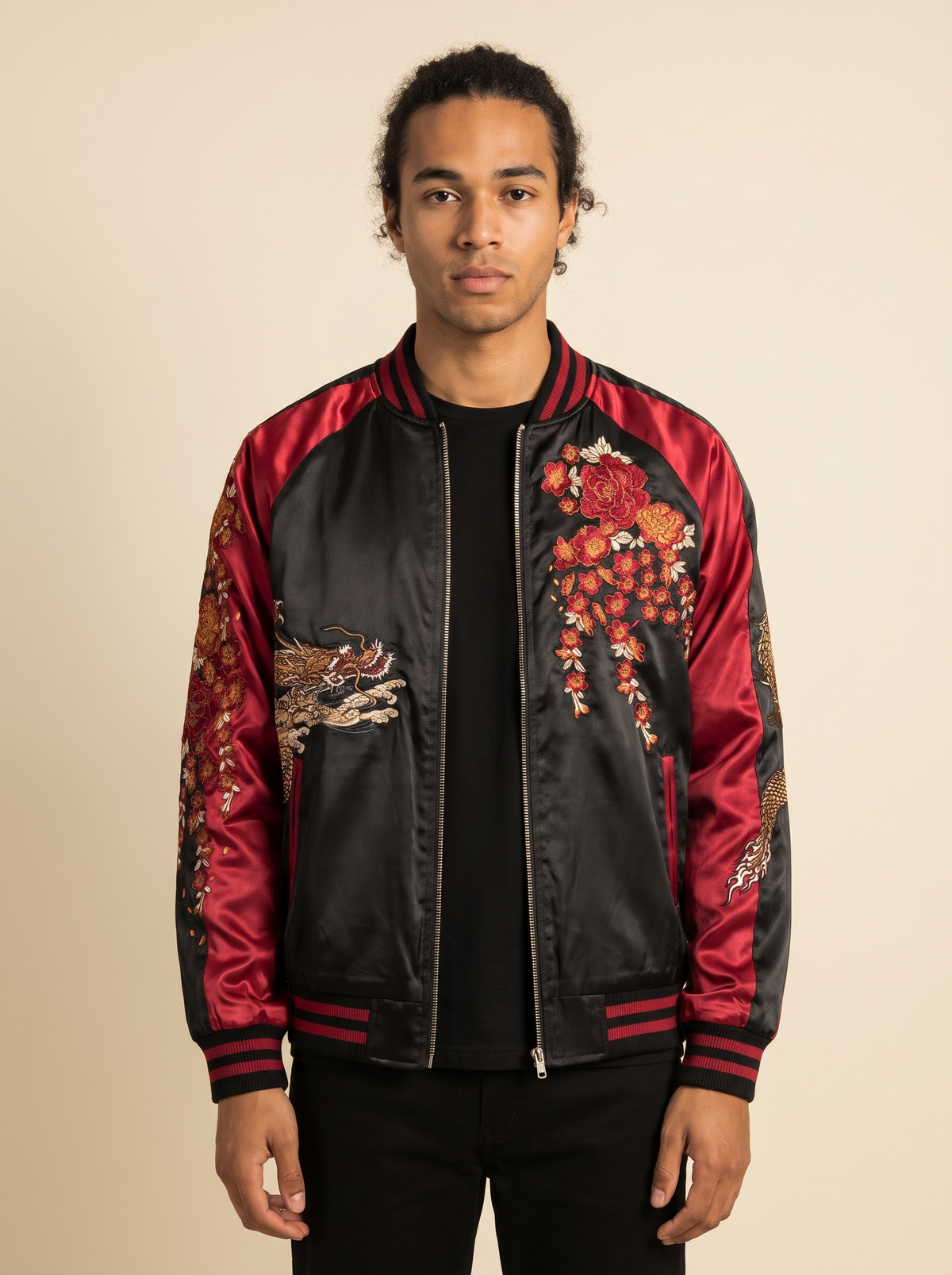 Yokosuka Dragon Sukajan Jacket in Red, front view on model