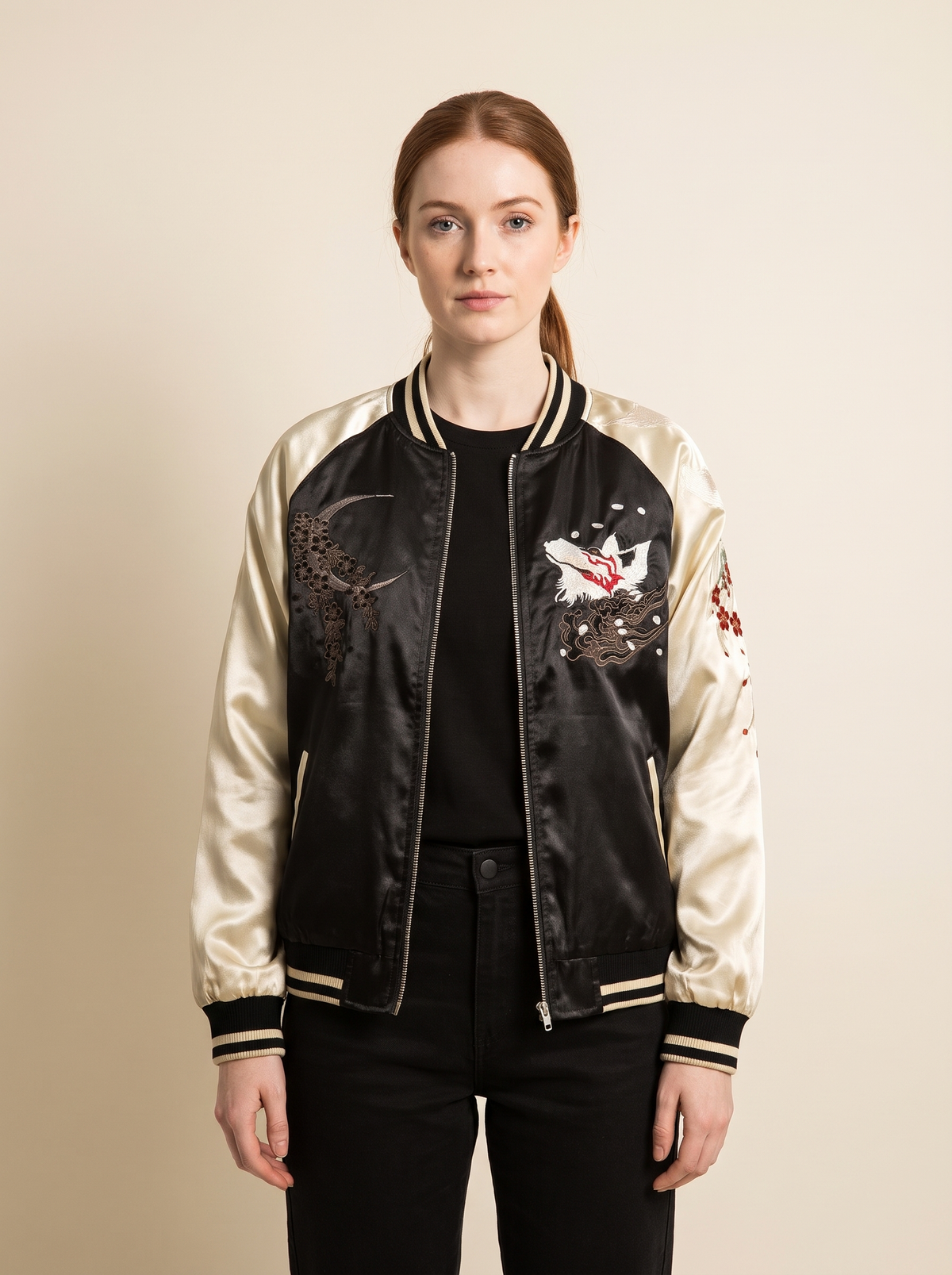 Kitsune & Peony Sukajan Jacket in Cream, front view on model