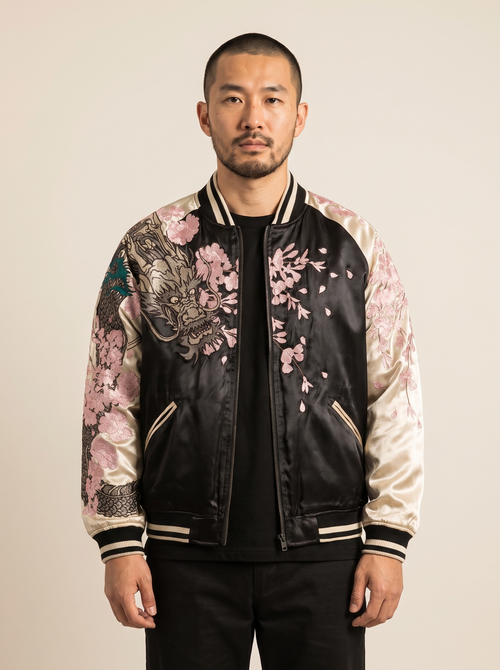 Cherry Blossom & Dragon Sukajan Jacket, front view on model