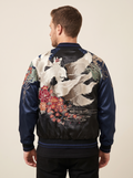 Kitsune & Peony Sukajan Jacket in Navy, back view on model