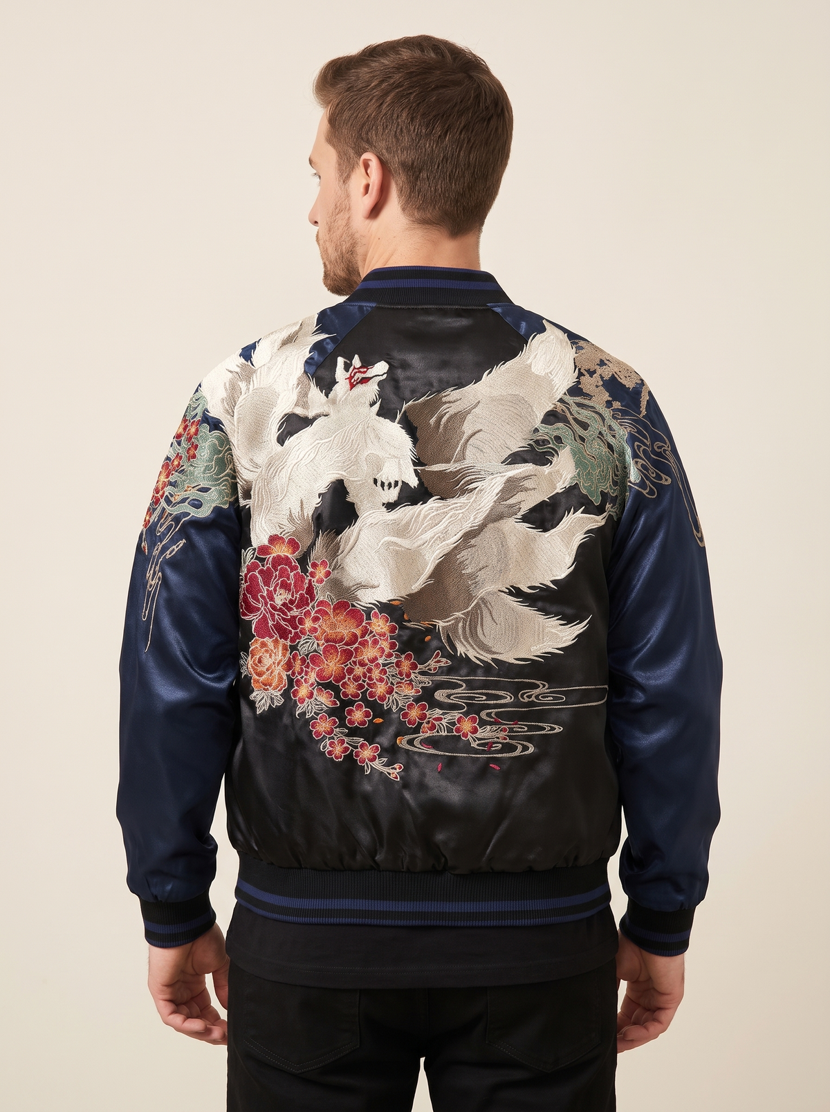 Kitsune & Peony Sukajan Jacket in Navy, back view on model