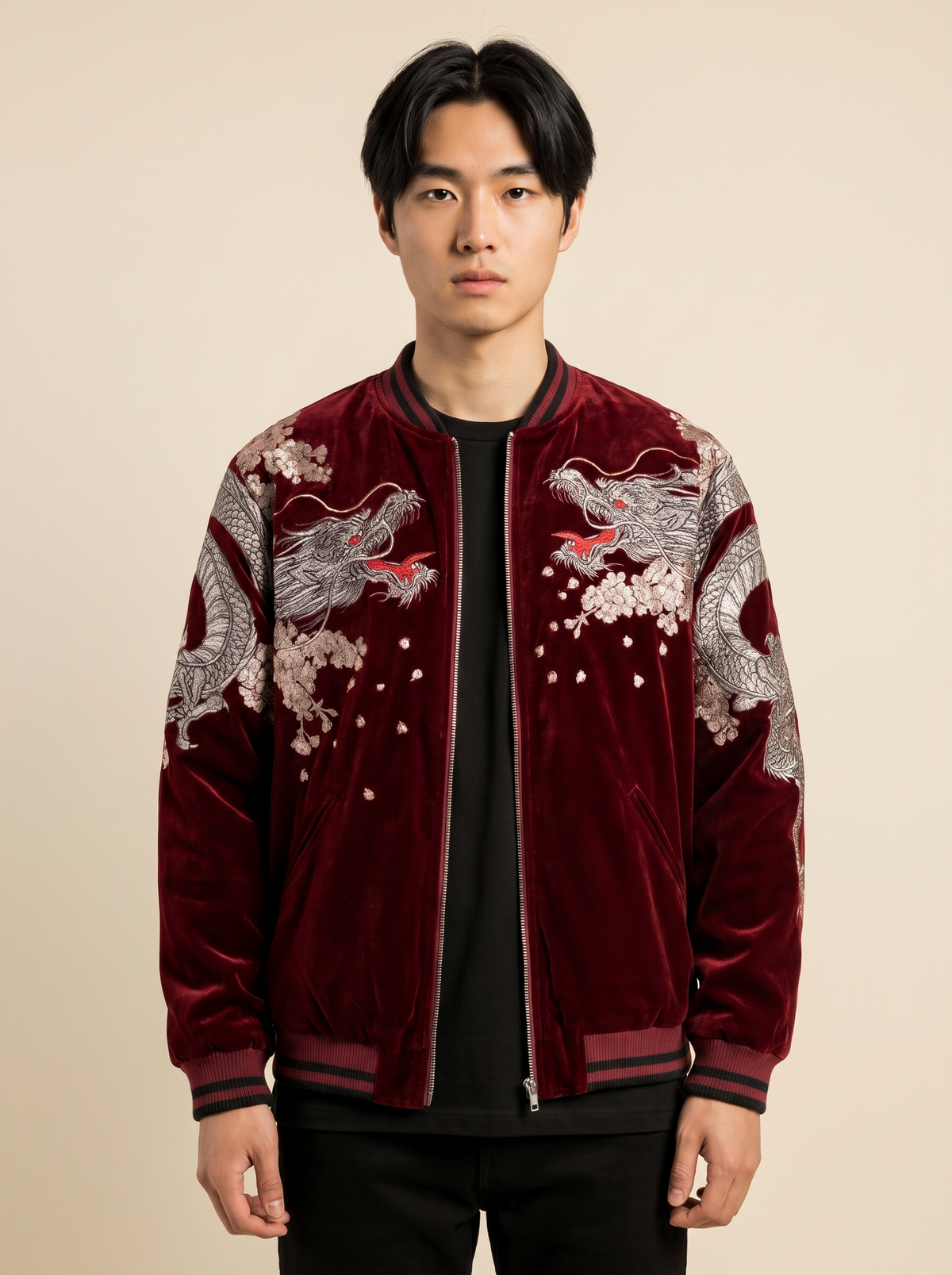 Coiled Dragon & Peony Sukajan Jacket in Wine Red, front view on model
