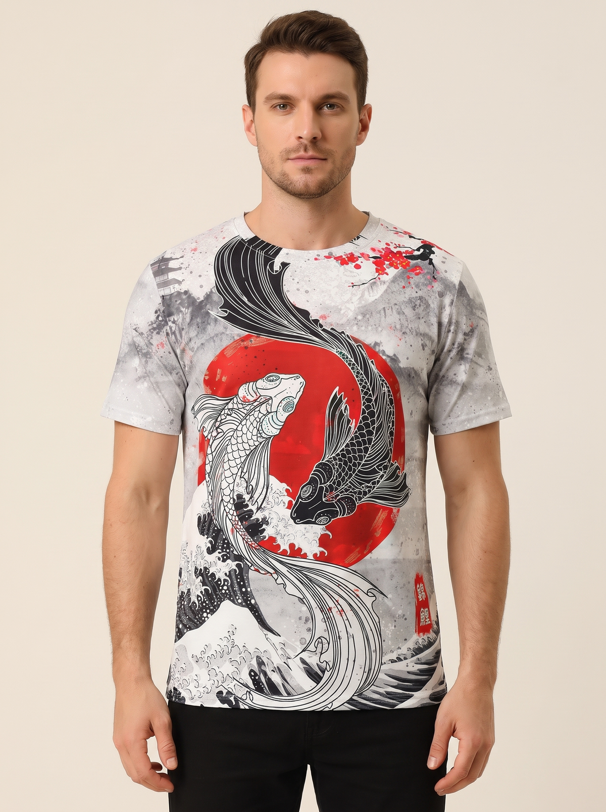 Koi & Red Sun Print T-Shirt for Adults & Kids, front view on model