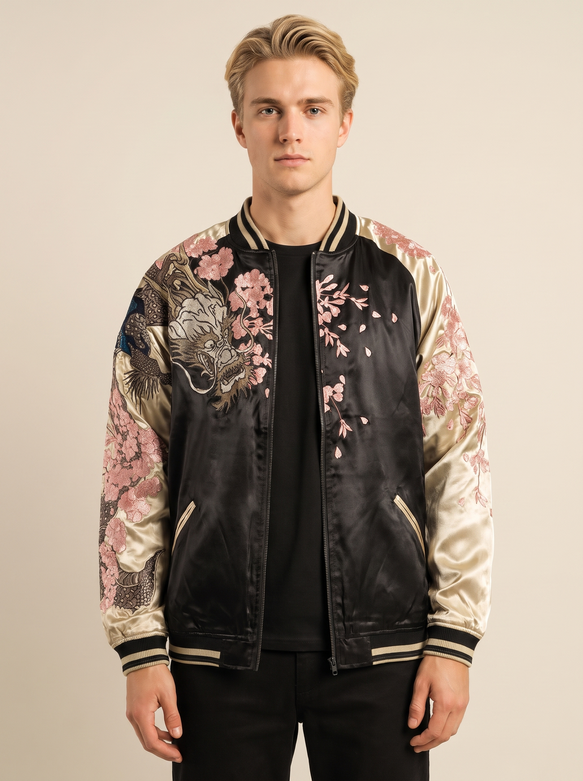 Reversible Sakura Dragon Sukajan Jacket, front view on model