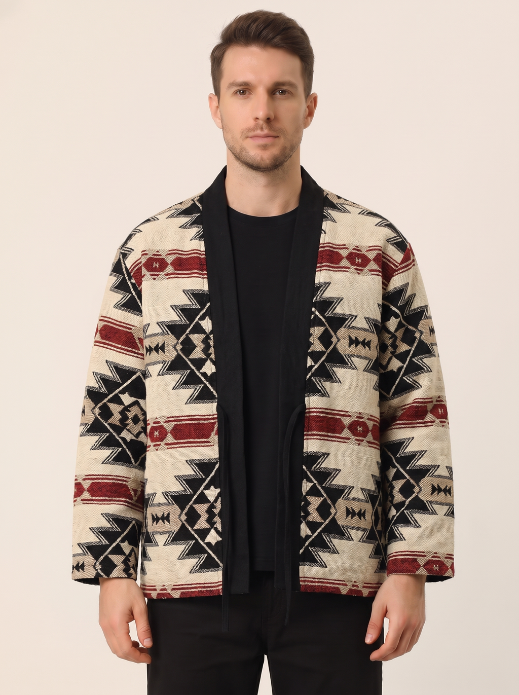 Reversible winter haori jacket in black, worn on the reverse side with cream and red jacquard pattern