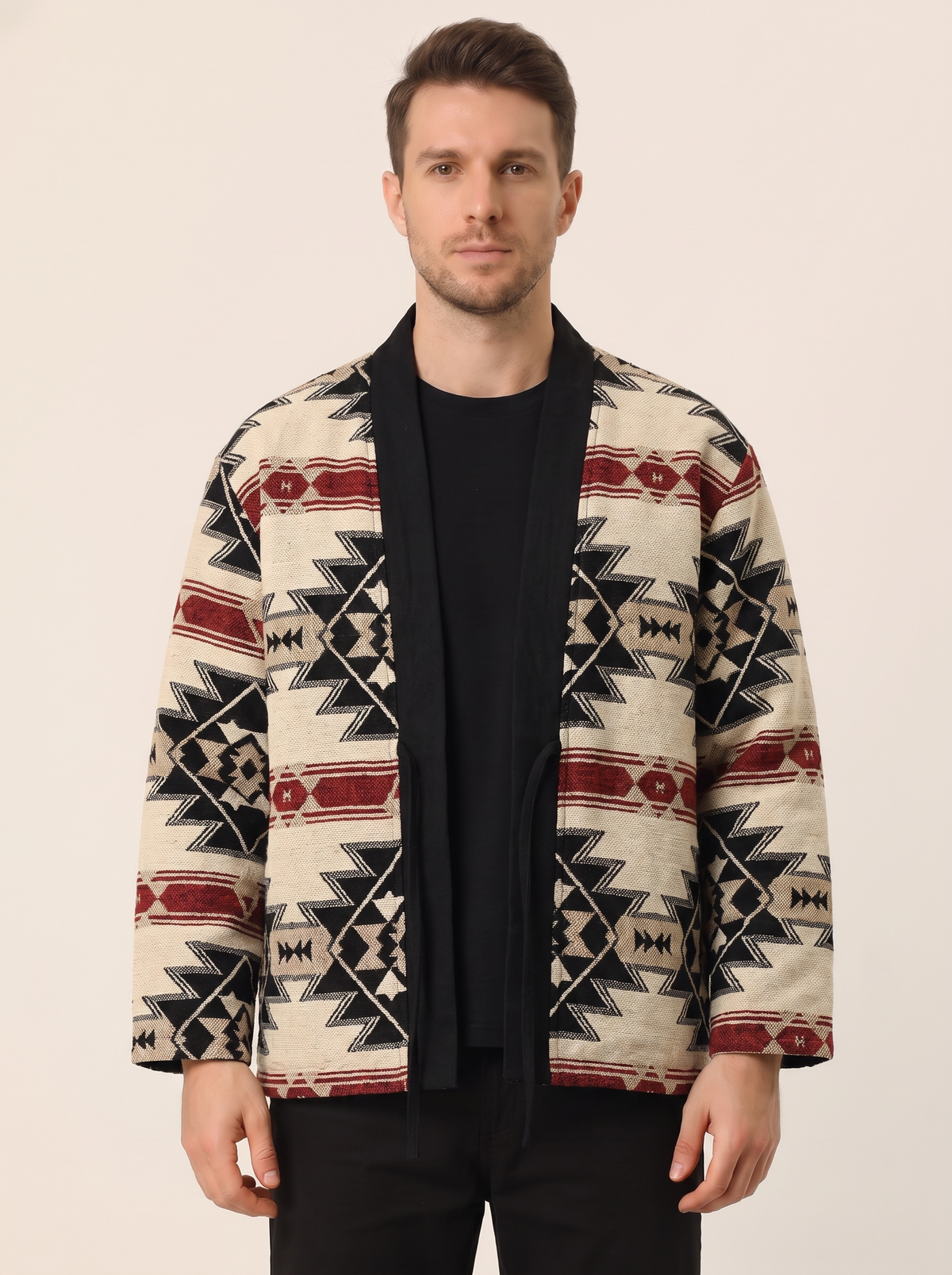 Reversible winter haori jacket in black, worn on the reverse side with cream and red jacquard pattern