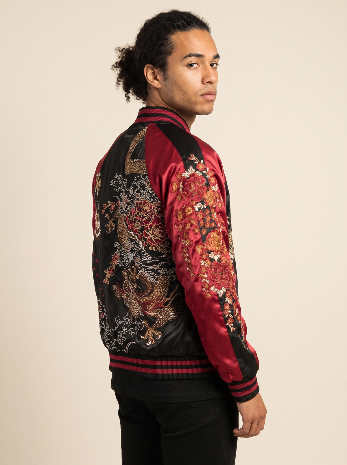 Yokosuka Dragon Sukajan Jacket in Red, side view on model