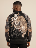 Dragon vs Tiger Raglan Sukajan Jacket in Charcoal, back view on model