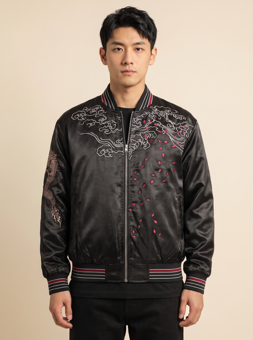 Black Dragon Embroidered Baseball Jacket, front view on model