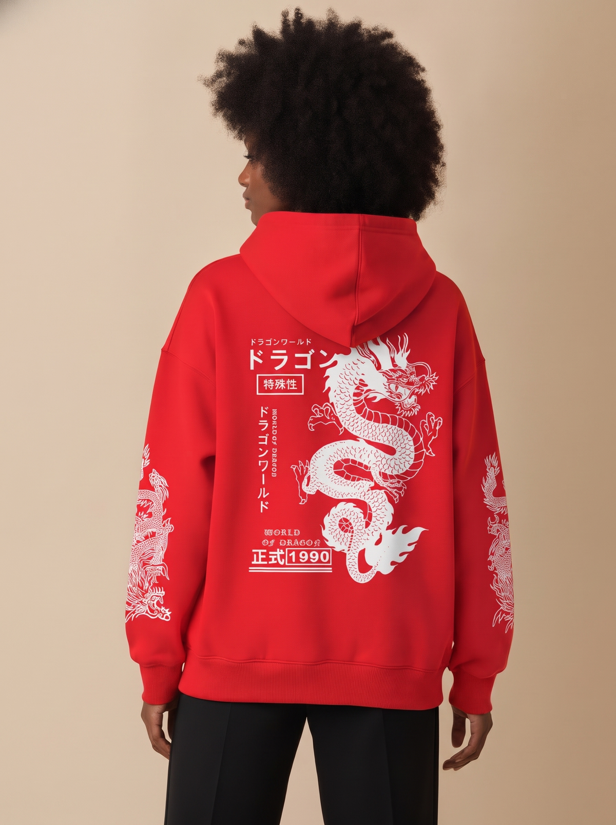 Dragon Print Japanese Hoodie in Red, on model