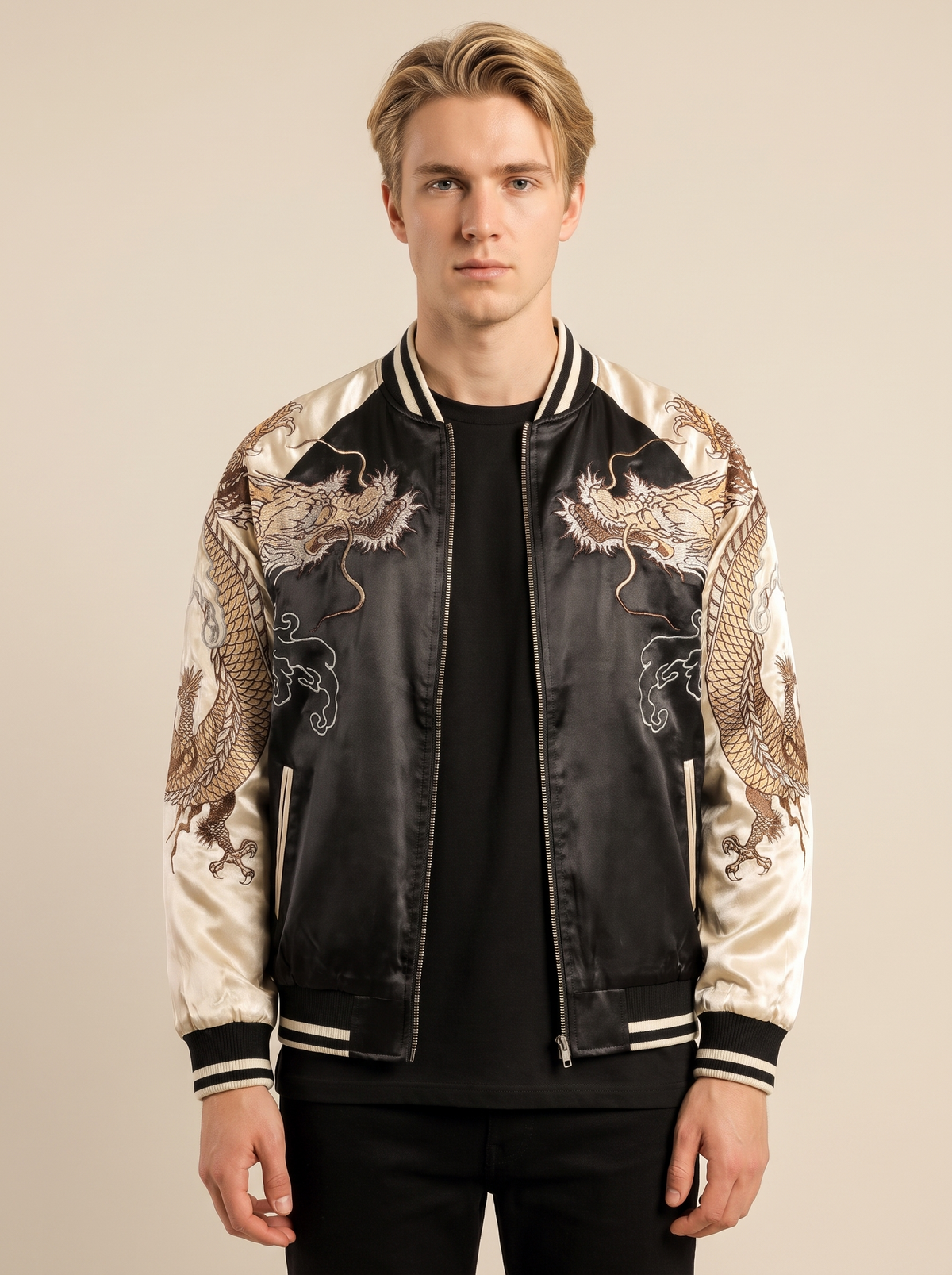 Dragon vs Tiger Raglan Sukajan Jacket in Cream, front view on model