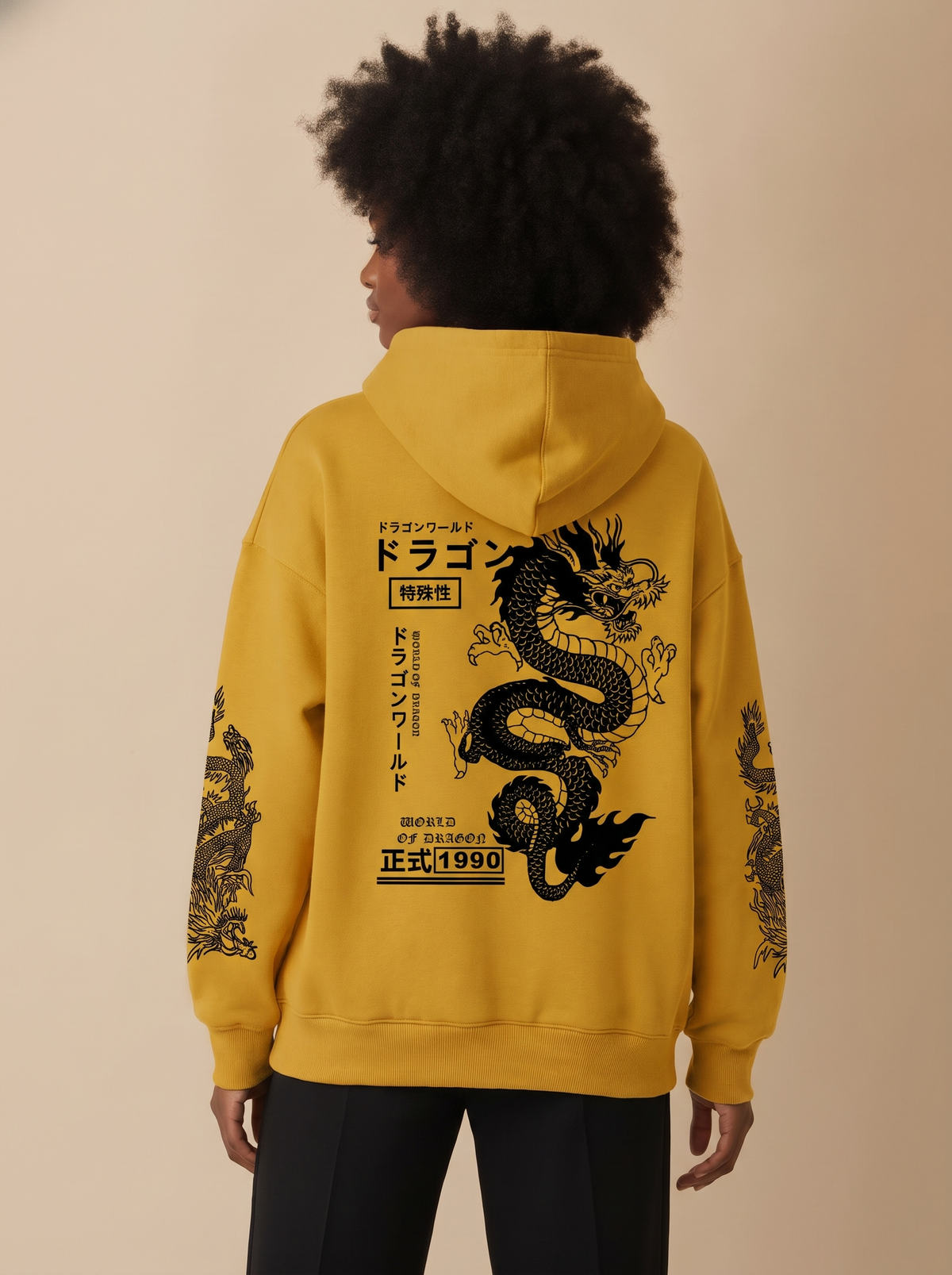 Dragon Print Japanese Hoodie in Yellow, on model