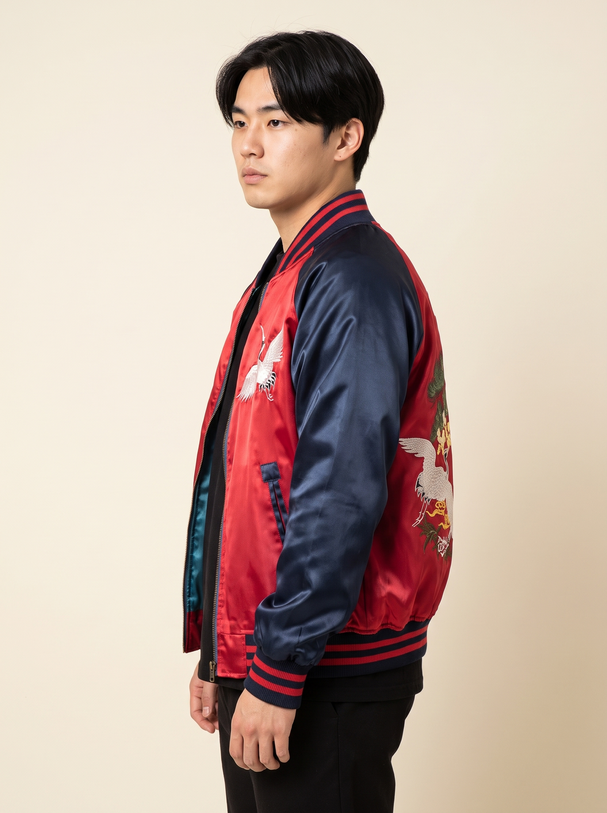 Oversized Satin Sukajan Jacket in Black, side view on model