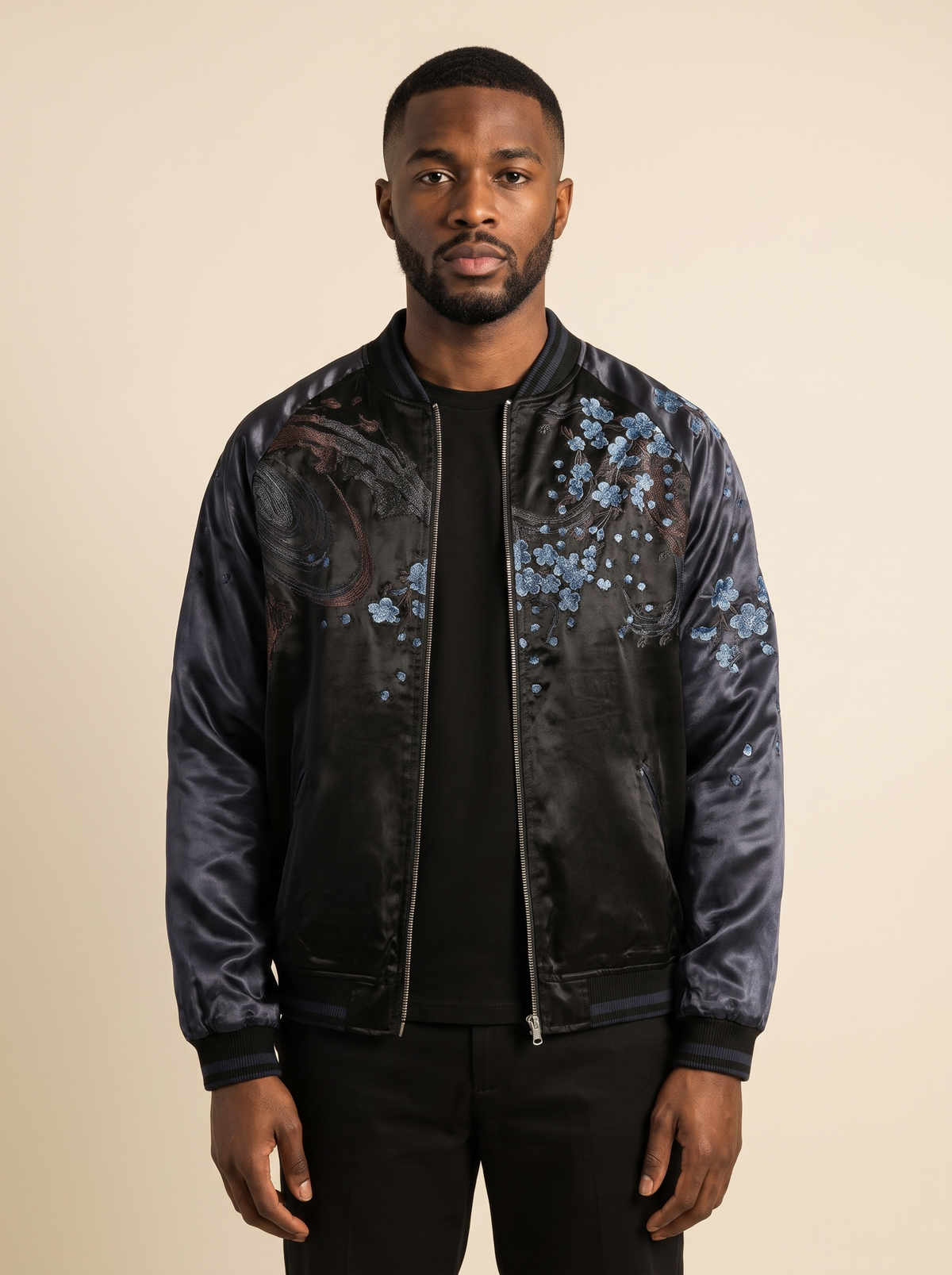 Reversible Lion Embroidered Souvenir Jacket, front view on model