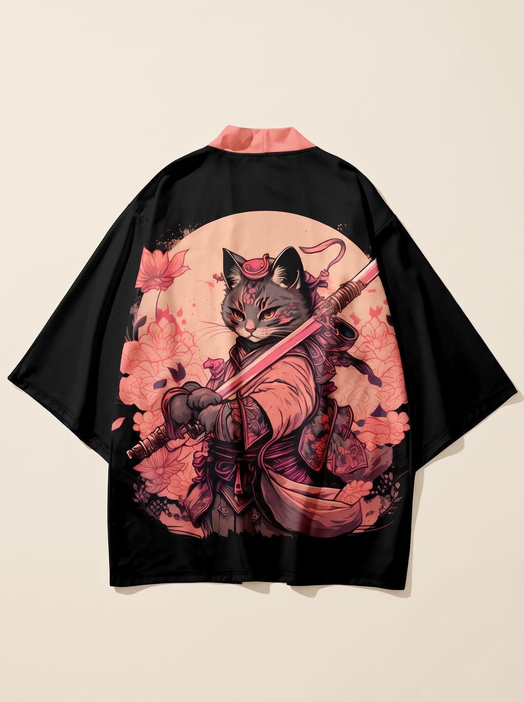 Red Sun Samurai Cat Haori Kimono, product photo of the back
