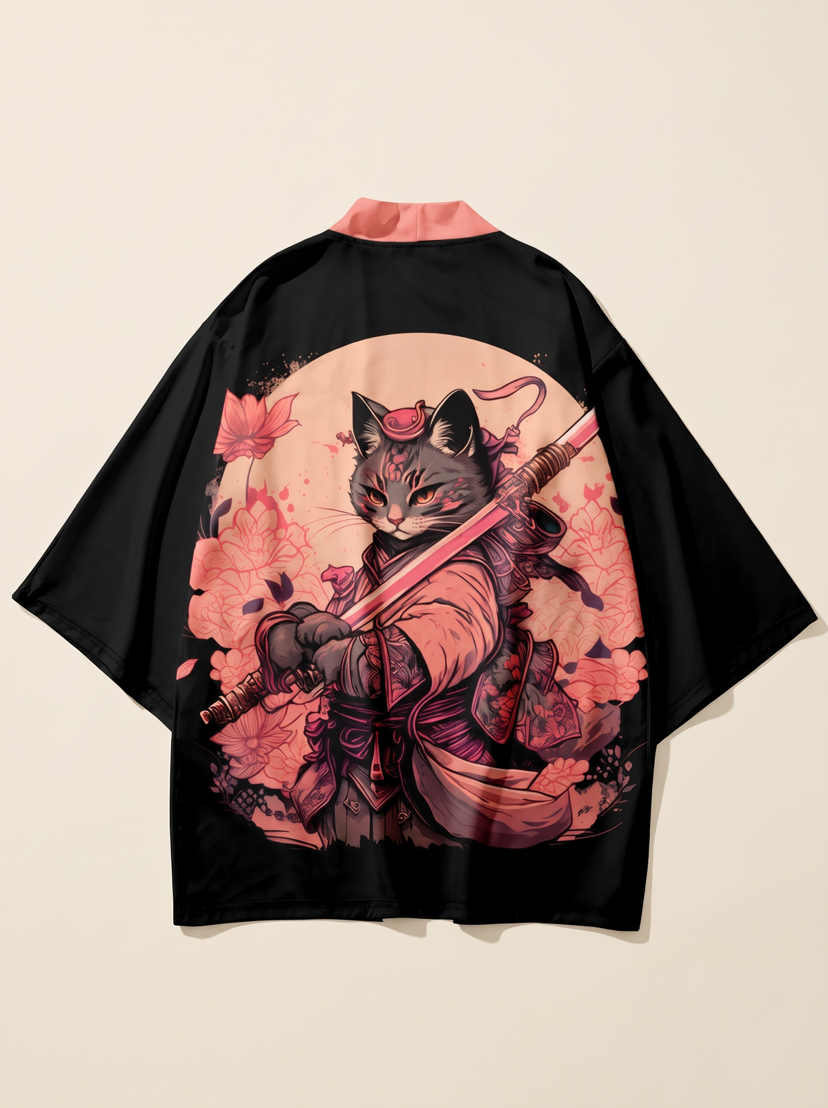 Red Sun Samurai Cat Haori Kimono, product photo of the back