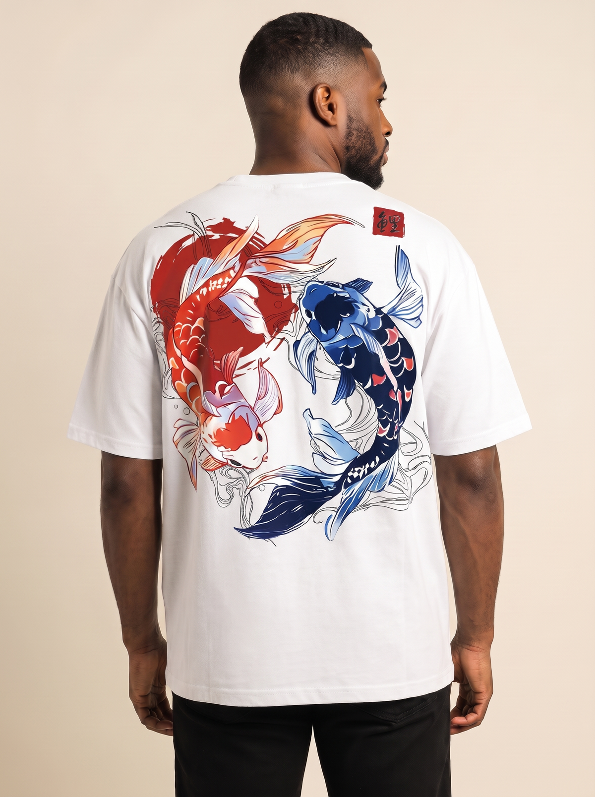 Koi Print Cotton T-Shirt in White, on model