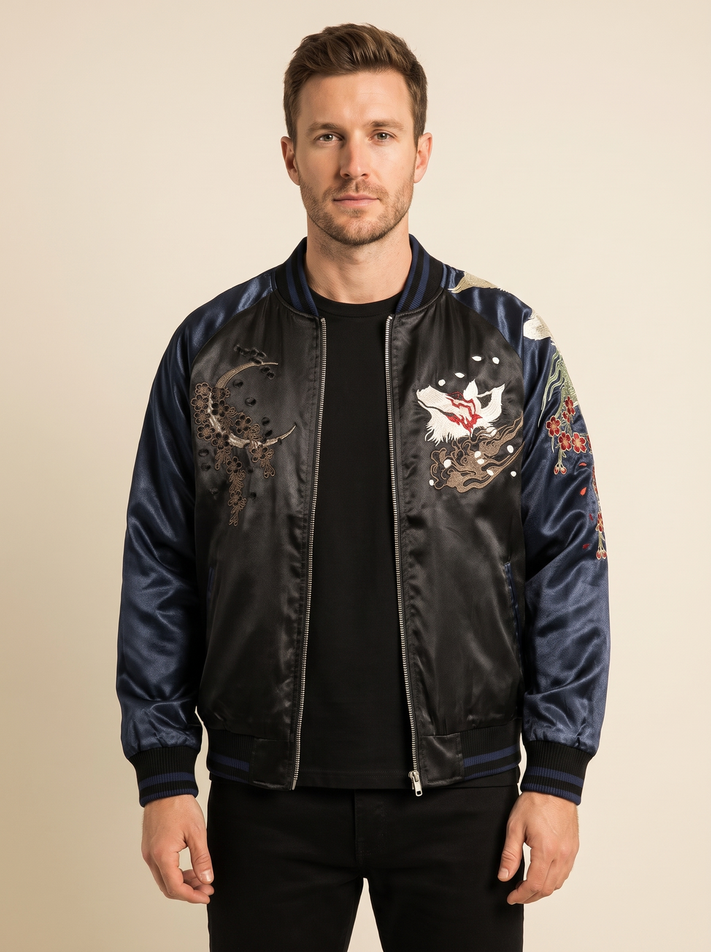 Kitsune & Peony Sukajan Jacket in Navy, front view on model