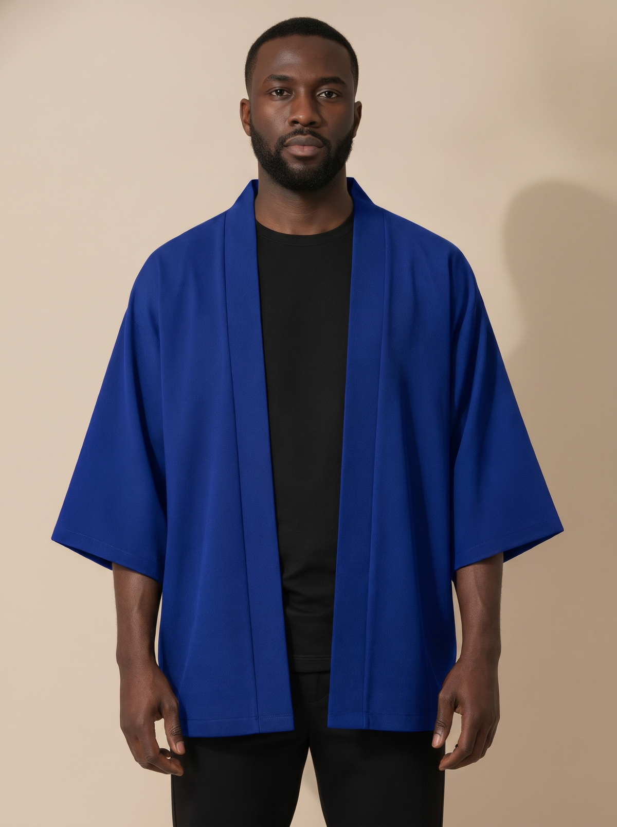 Solid Color Haori Kimono Cardigan in Blue, on model