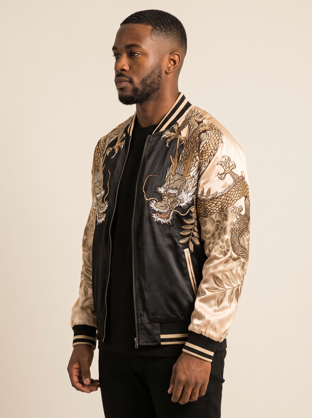 Dragon & Tiger Embroidered Bomber Jacket in Champagne, side view on model