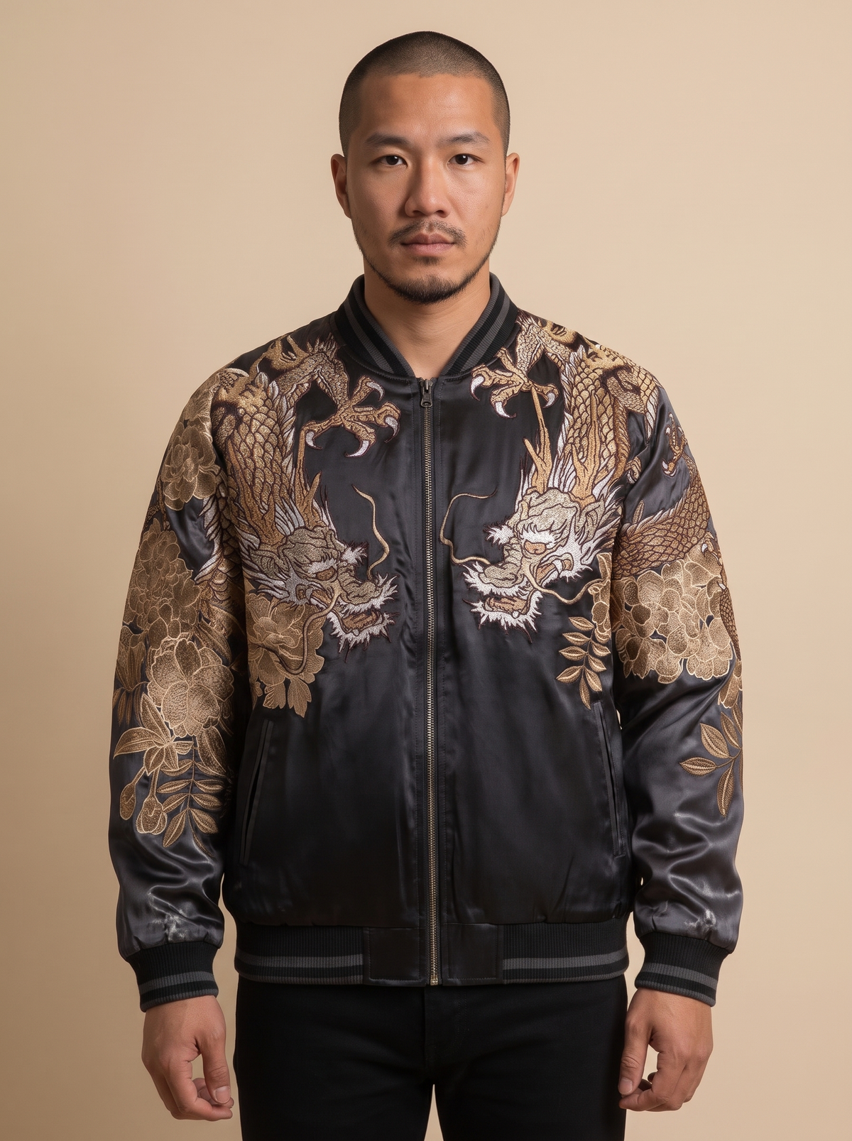 Dragon & Tiger Embroidered Bomber Jacket in Charcoal, front view on model with twin gold dragons