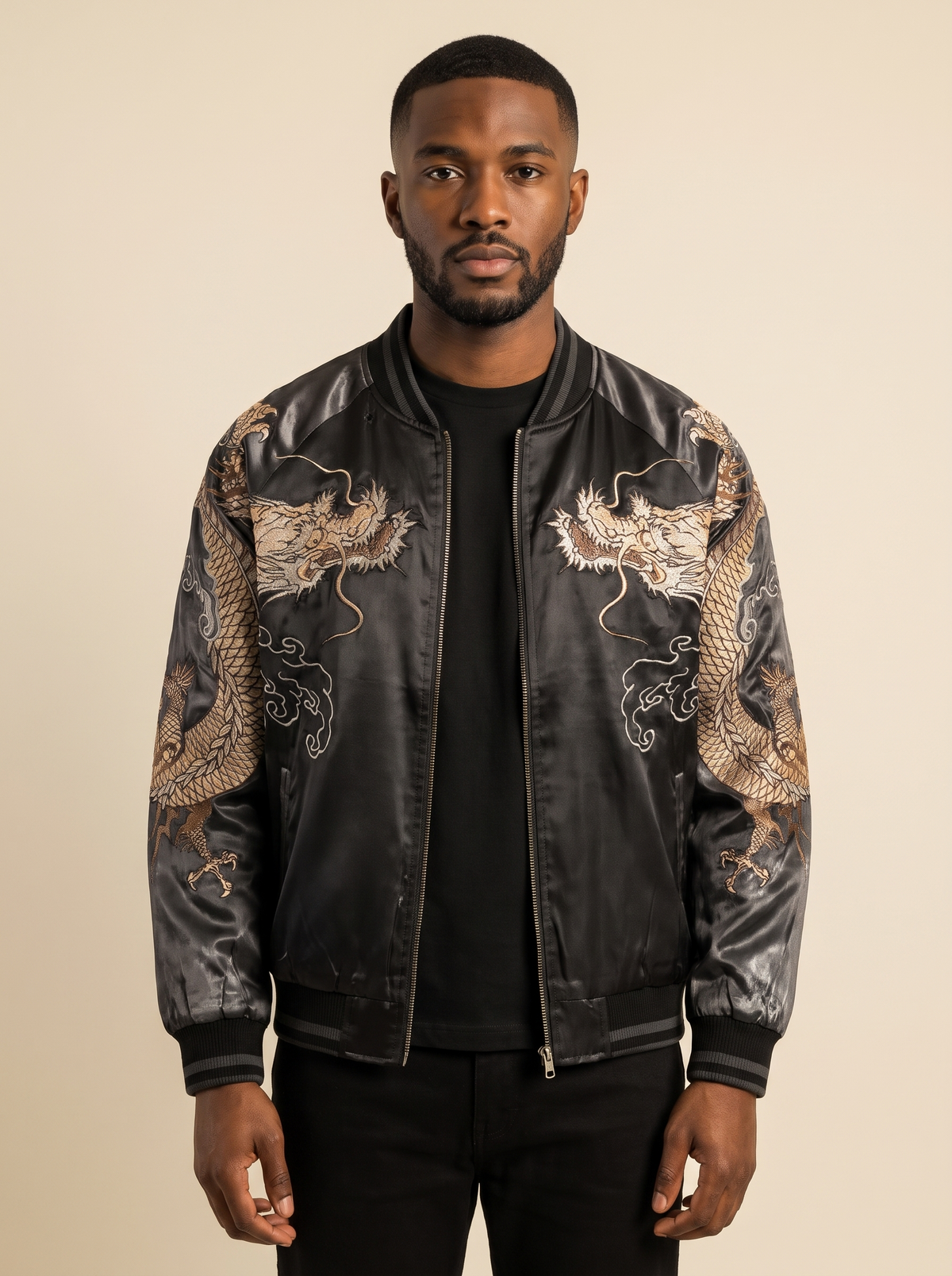 Dragon vs Tiger Raglan Sukajan Jacket in Charcoal, front view on model